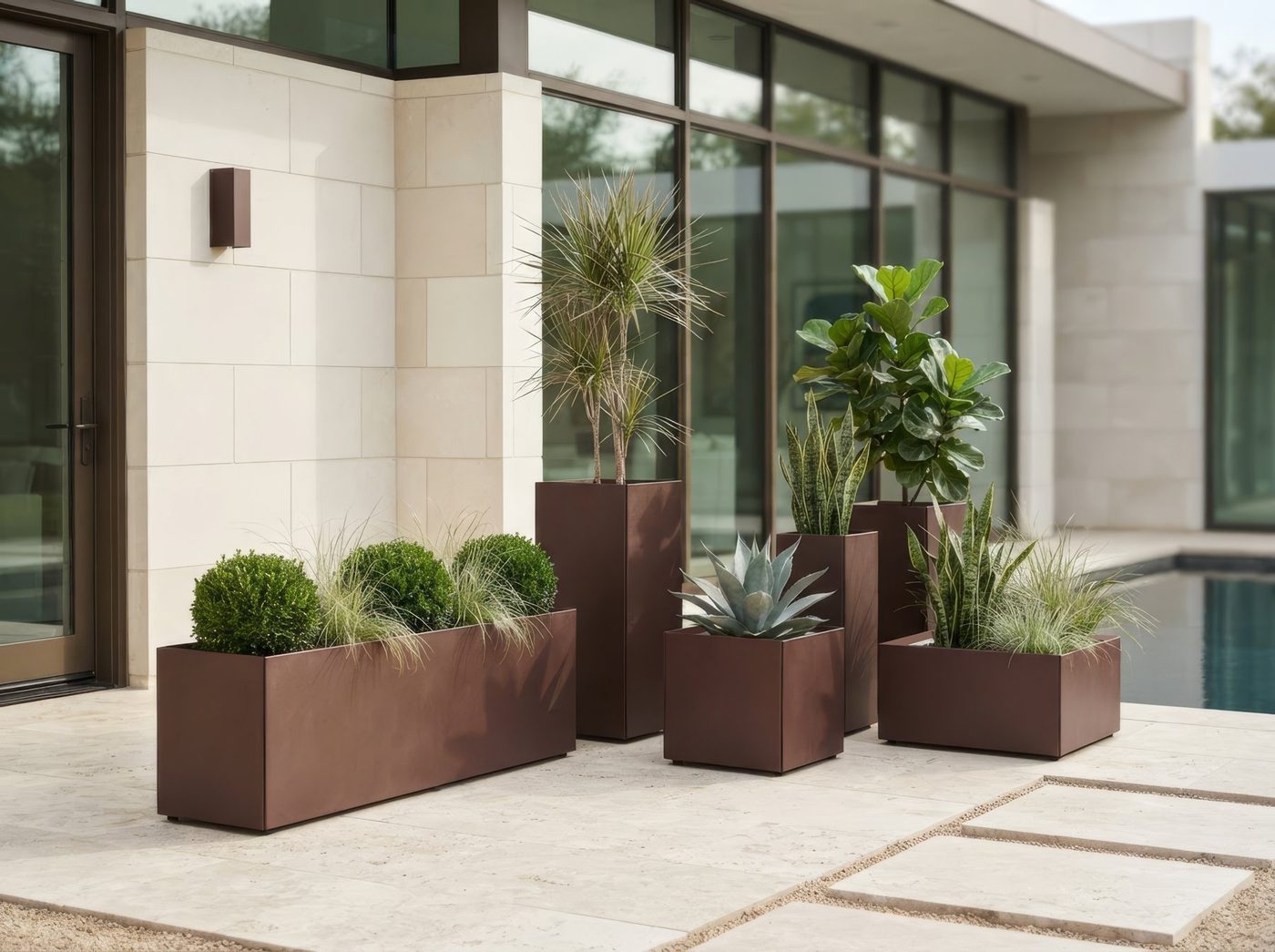Fioriere Metal Flower effetto corten con piante su terrazza moderna