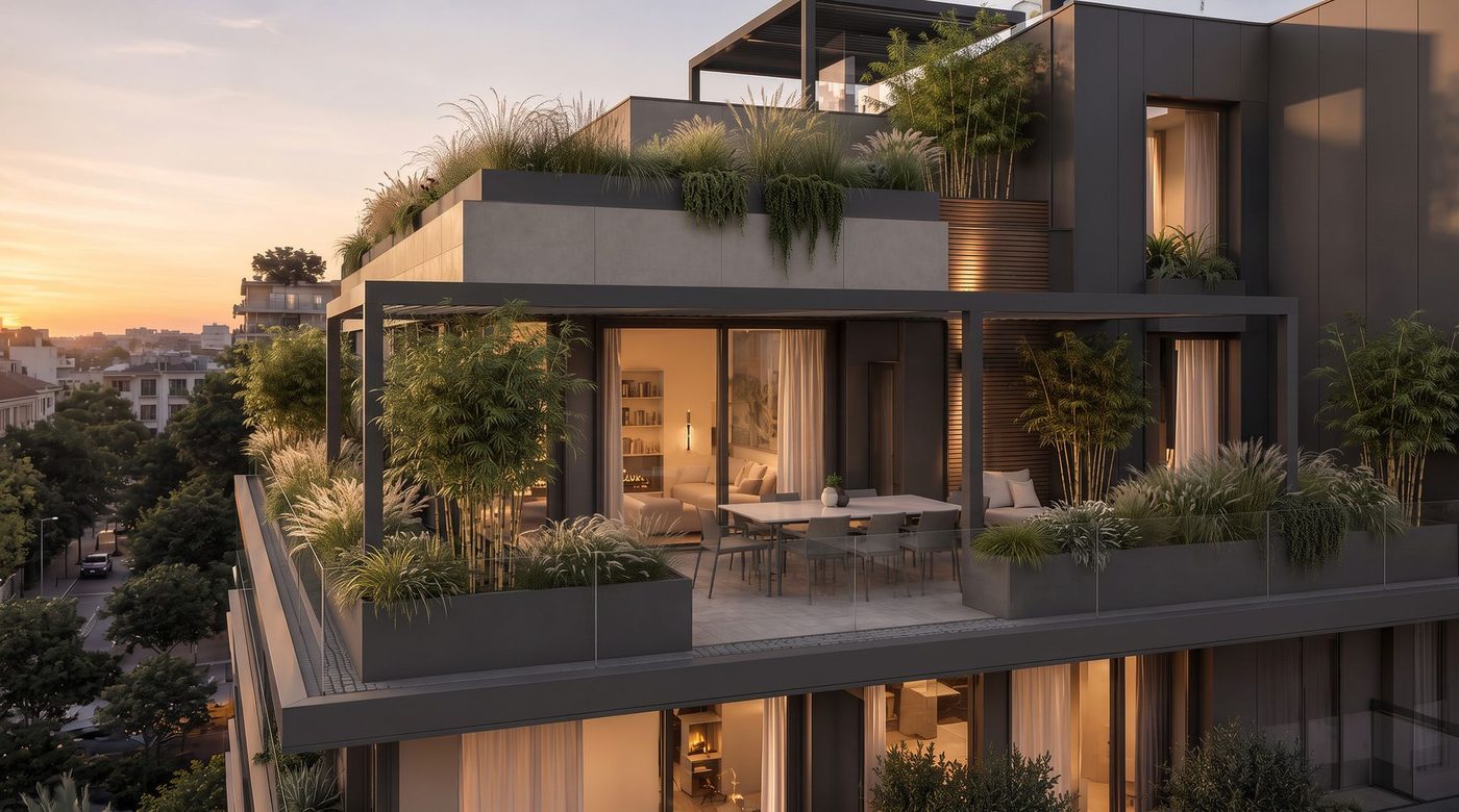 Fioriere Metal Flower su terrazzo al tramonto