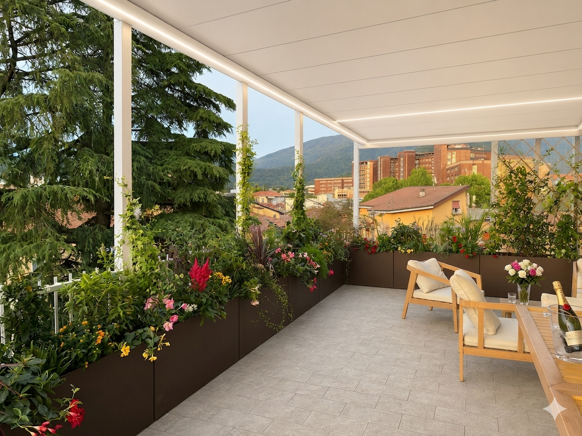 Terrazzo con fioriere MetalFlower e zona relax